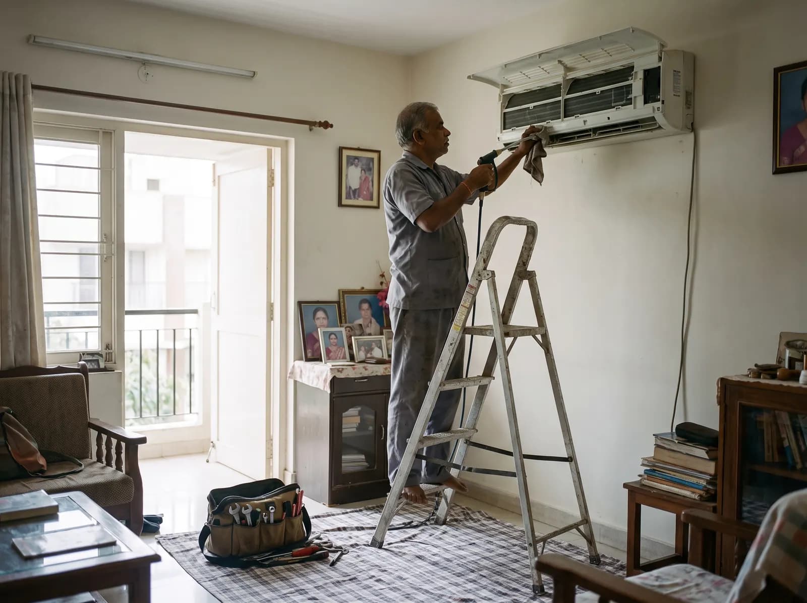 A technician on a stepladder servicing a wall-mounted air conditioner in a family living room