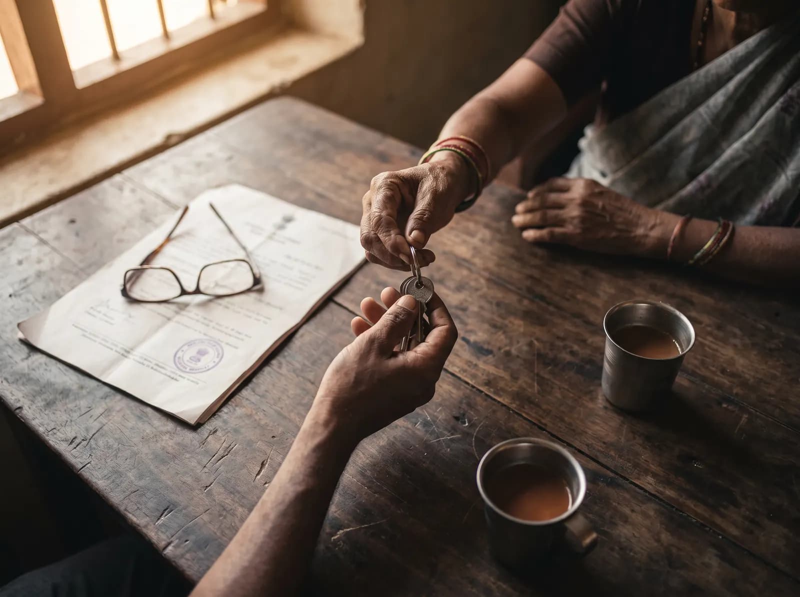 An older woman passing a ring of house keys across a table to a younger man, beside a stamped property document and two cups of tea