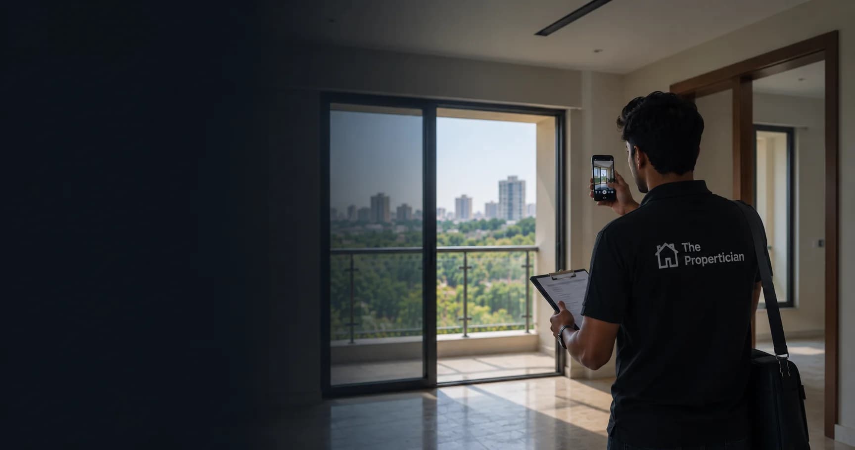 One of our people, in a Propertician shirt with a clipboard, photographing an empty flat and its balcony on his phone