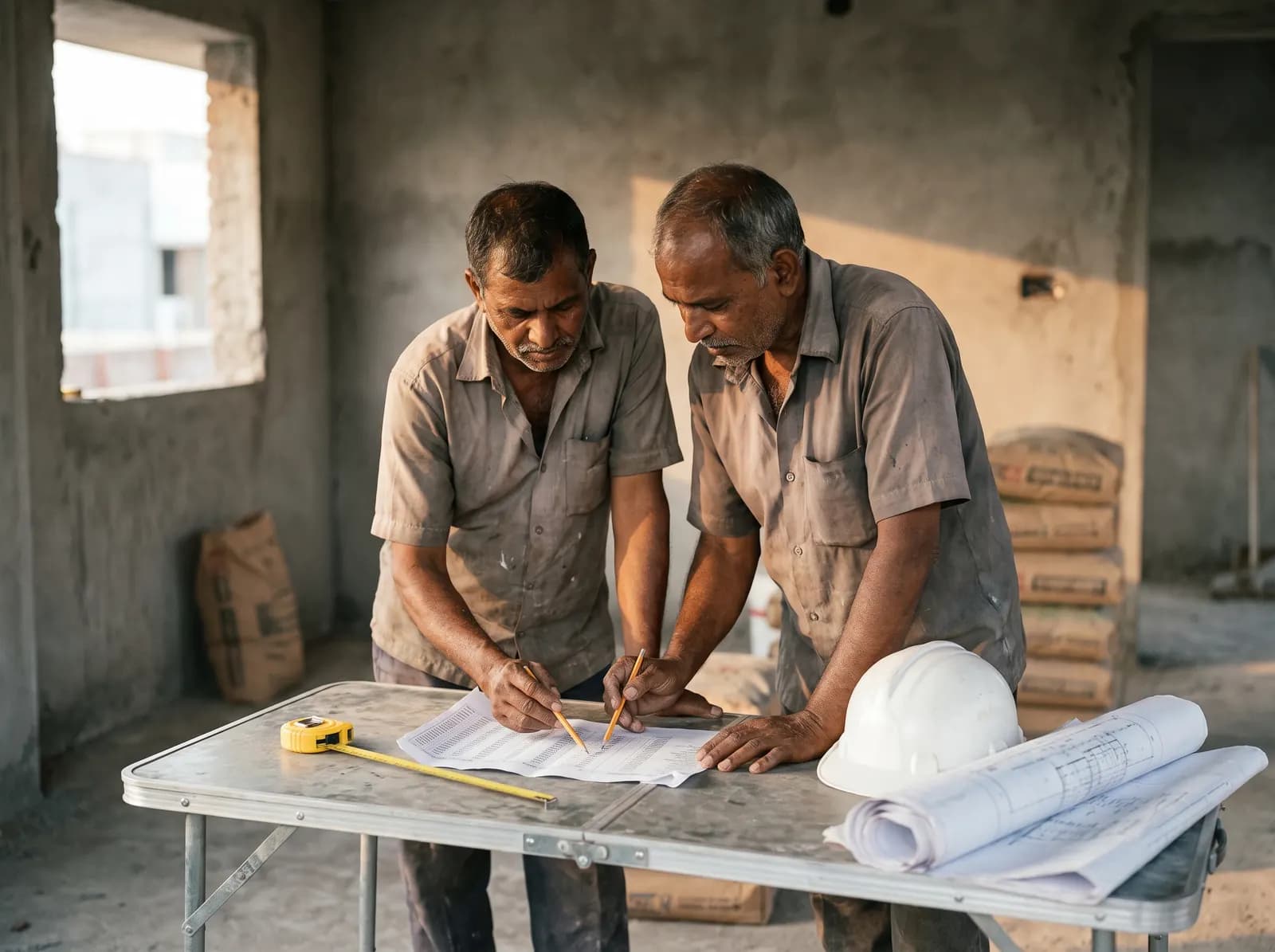Two men leaning over a folding table on a bare concrete floor, going down an itemised quotation with pencils